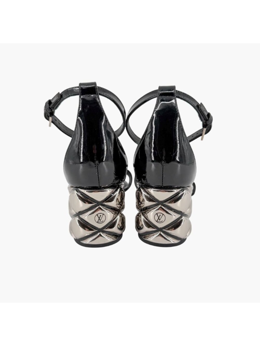 Louis Vuitton Silver Light LV Block Heel Sandals Black Patent Size 38.5 US 8.5 - Picture 6 of 15